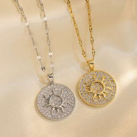 Luxus Titanstahl Sonne Anhänger Halskette Für Damen Runde Scheibe Strass Eingelegt Schlüsselbeinkette Mode Schmuck Geschenk