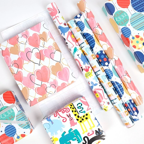 Cute Cartoon Birthday Gift Wrapping Paper Colorful Balloons Animals Heart Pattern Copperplate Paper For Kids Party Celebration