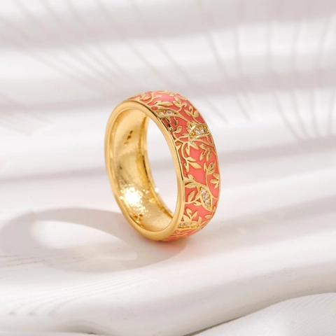 Enamel Flower Leaf Band Ring Copper Gold Plated With Cubic Zirconia Retro Nature Inspired Jewelry Accessory For Women
