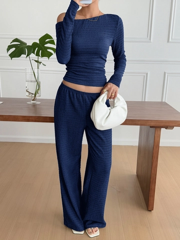 Women Long Sleeve Off Shoulder Top And Wide Leg Pants Textured Crinkle Knit Casual Vacation Streetwear Solid Color