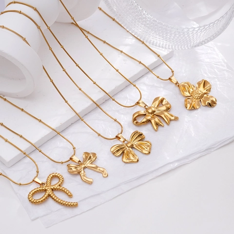 Collana Con Pendente A Fiocco E Fiore Oro Acciaio Inossidabile Catena A Serpente Con Perline Gioielli Eleganti Da Donna