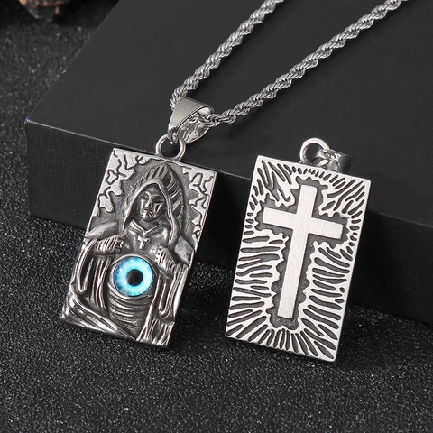 Collana Con Ciondolo Mietitore Occhio Del Male Gotico Acciaio Al Titanio Croce Scheletro Gioielli Punk Per Uomini