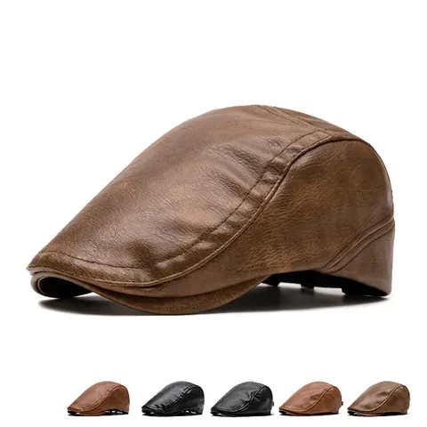 Vintage PU Leather Newsboy Cap Fleece Lined Warm Winter Flat Cap For Men British Style Adjustable Forward Hat