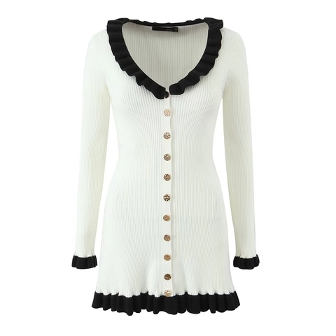 Elegant Long Sleeve Knit Mini Dress Contrast Color Ribbed Fabric With Ruffle Trim And Gold Buttons For Women