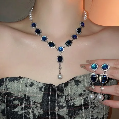 Collar Y Pendientes Vintage Franceses Gota De Agua Con Diamantes De Imitación Azul Perlas Artificiales Y Plata De Ley 925 Para Mujeres