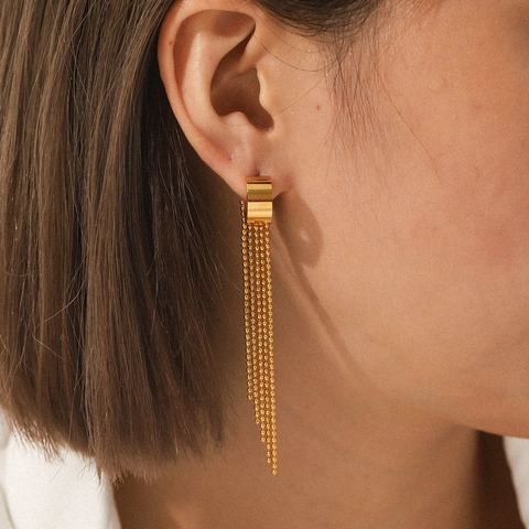 Stainless Steel Tassel Hoop Earrings Long Bead Chain Chic Minimalist Non Fading Hypoallergenic Jewelry For Women