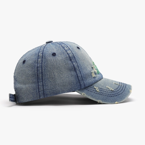 Distressed Washed Denim Baseballkappe Vintage Zerrissenes Loch Buchstaben Stickerei Verstellbar Gebogener Schirm Unisex