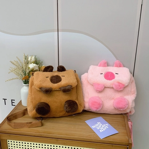 Cute Cartoon Animal Shape Plush Backpack For Girls Women Versatile Capybara Crossbody Shoulder Bag Adjustable Strap Soft
