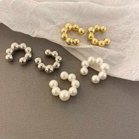 Eleganti Ear Cuff Con Künstliche Perle Stile Francese Senza Buco Lega A Forma Di C Con Perno In Argento Per Donne Minimalista