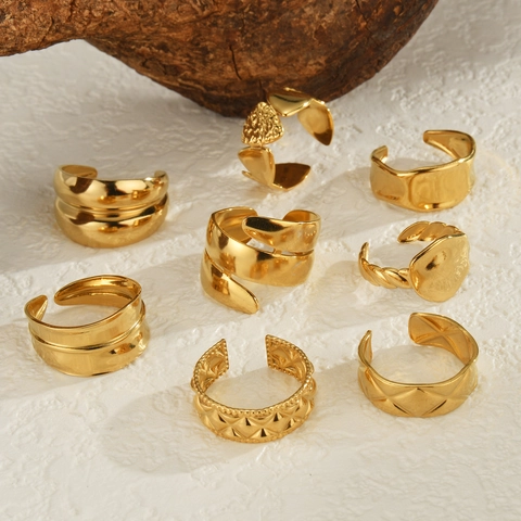 Minimalistischer Vergoldeter Edelstahl Ring Für Damen Verstellbar Geometrisch Herz Blatt Welle Bambus Design Handschmuck