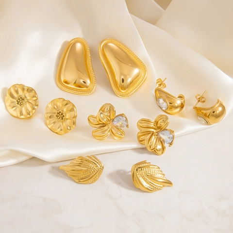 Orecchini a Bottone in Acciaio Inossidabile Fiore Foglia per Donna Oro Placcato Geometrici Strass Gioielli