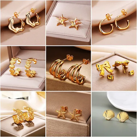 C Shaped Hoop Earrings For Women With Shell Starfish Bow Designs Alloy Jewelry With Earring Post