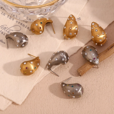Vintage Orecchini a Bottone a Goccia d'Acqua in Acciaio Inossidabile per Donna Opaco Spazzolato Oro Argento Strass Perla Artificiale
