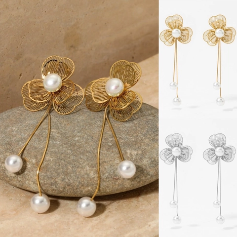 Pendientes De Gota Con Borla De Perla Artificial Y Flor Hueca Acero Inoxidable Elegantes Largos Diseño De Nicho Mujer