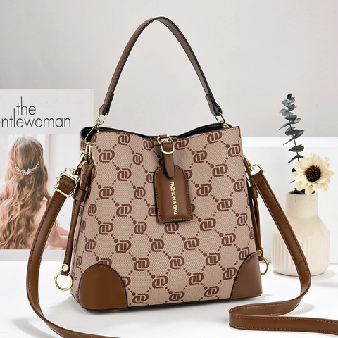 Vintage Monogram Bucket Bag Women PU Leather Canvas Patchwork Handbag With Adjustable Wide Strap Retro Fashion Shoulder Bag