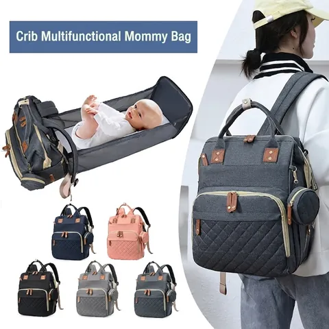 Diaper Bag Backpack Large Capacity Waterproof Oxford Cloth With USB Charging Port Foldable Baby Bed Travel For Mommy