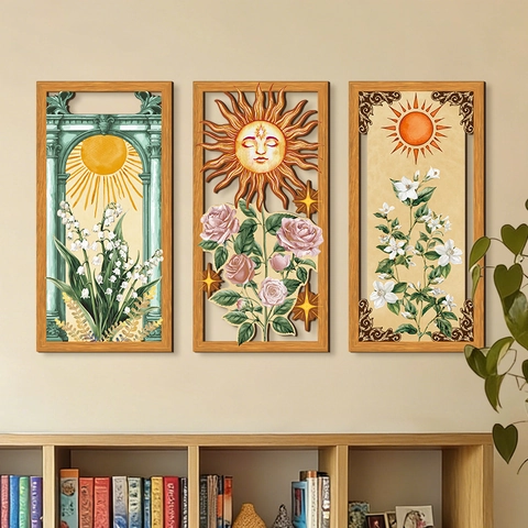 Bohemian Wood Wall Art Sun And Flower Hollow Carved Hanging Sign Retro Nature Theme Decor For Home Office