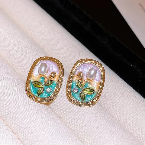 French Retro Oval Tulip Flower Enamel Earrings With Faux Artificial Pearl Rhinestone And 925 Sterling Silver Earring Post Elegant