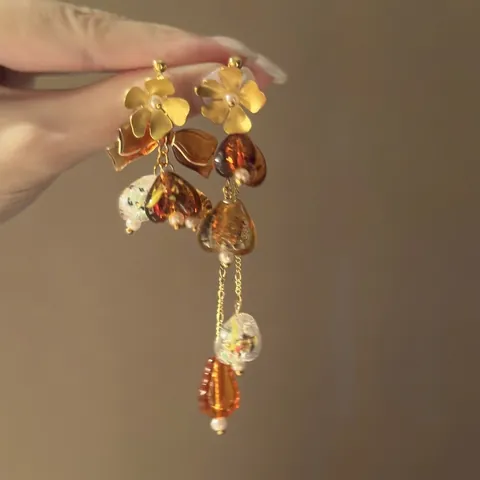 Vintage Amber Hars Druppel Oorbellen Met Zilveren Oorsteker Tijgeroog Steen Bloem Kwastje Drop Sieraden Vrouwen