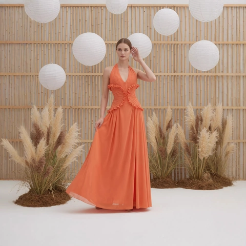 Halter Maxi Jurk Diepe V-Hals Rugloos Geplooid Ruches Chiffon Elegant Avondfeest Jurk Effen Kleur Voor Dames