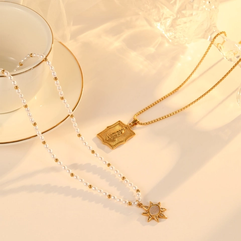 Stainless Steel Necklace Gold Plated Eight Pointed Star Faux Artificial Pearl Pendant Virgin Mary Relief Square Plate Vintage Jewelry