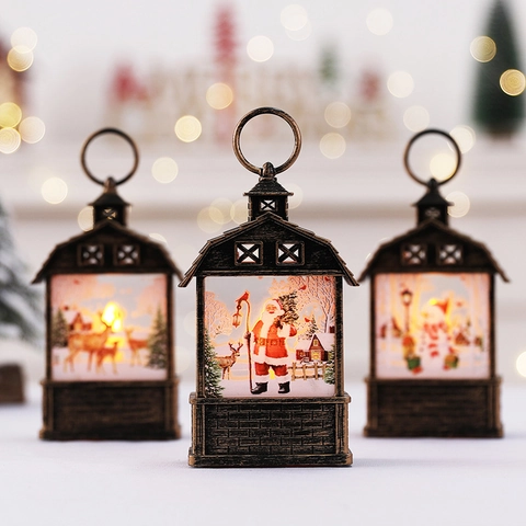 Weihnachts Dekolaterne LED Retro Bronze Ornament Weihnachtsmann Rentier Schneemann Muster Handlampe Tischdeko