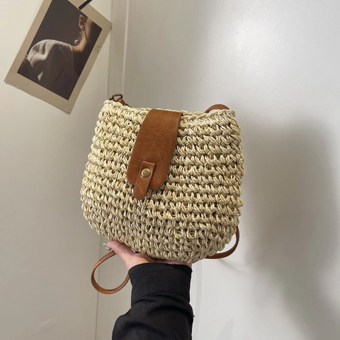 Women Straw Woven Shoulder Bag PU Leather Trim Saddle Crossbody Purse Bohemian Beach Vacation Casual Flap Handbag