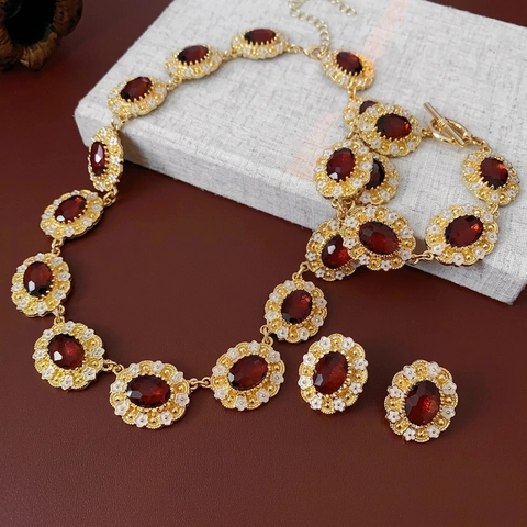 Collana Bracciale Orecchini Vintage Strass Rossi Fiori Smalto Con Perno In Argento Gioielli Stile Barocco Lusso