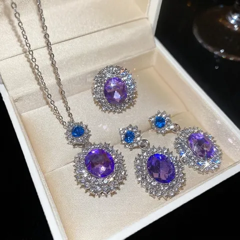 Lila Ovales Zirkonia Schmuckset Mit Silbernem Ohrstecker Halskette Ohrringe Ring Luxuriöser Vintage Stil Für Damen