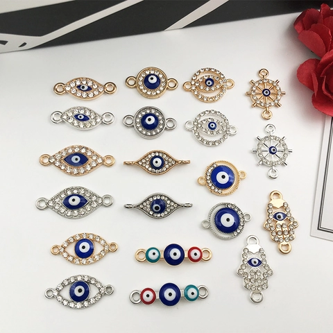 Σύνδεσμοι Κοσμημάτων Evil Eye Hamsa Hand Κράμα Σμάλτο Στρας Διπλή Τρύπα DIY Κολιέ Βραχιόλι Charms
