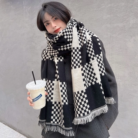 Winter Scarf Checkered Plaid Faux Cashmere Soft Warm Shawl Wrap With Tassels For Men Women Unisex British Style Retro