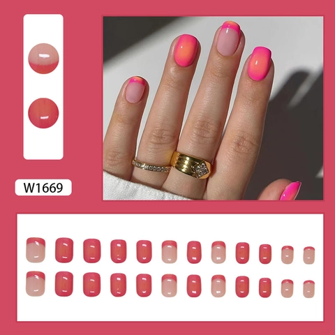 French Style Rose Red Gradient Press On Nails Glossy Resin Square Round Shape Removable False Nails For Women