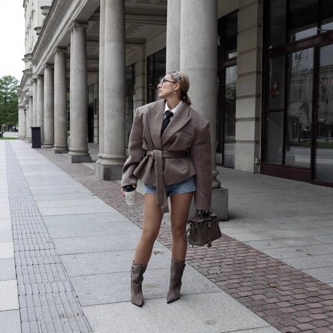Damen Blazer Jacke Und Shorts Mit Fischgrätmuster Wolloptik Oversized Bindegürtel Französischer Stil Casual Braun