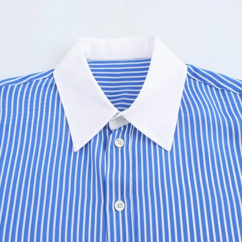 Women Striped Shirt Contrast Collar Cuffs Long Sleeve Button Up Blouse Casual Office Workwear Fashion Polyester Top