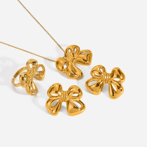 Edelstahl Schleife Schmuckset Gold Silber Beschichtet Halskette Ohrringe Verstellbarer Ring Für Damen Mode Schmuck