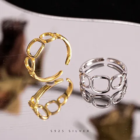 Bague En Argent Sterling 925 Minimaliste Géométrique Creuse Carrée Ajustable Ouverte Pour Femme Bijoux Cadeau