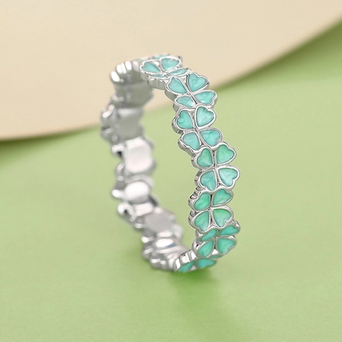 Bague Trèfle À Quatre Feuilles Cuivre Émail Floral Forme De Coeur Vert Menthe Style Mori Pastoral Bijoux Pour Femmes