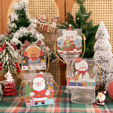 Christmas Transparent Gift Box PVC Plastic Portable Handle Cartoon Santa Snowman Deer Print Holiday Party Favor Packaging