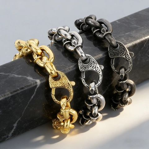 Collana E Bracciale Da Uomo Punk Hip Hop Acciaio Inossidabile Maglie A Forma Di Chiodo Chiusura Incisa Retrò