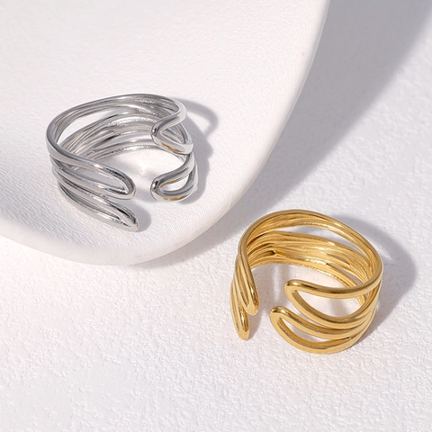 Anillo De Acero Inoxidable Para Mujer Líneas Geométricas Huecas Diseño Ondulado Multicapa Estilo Minimalista Ajustable