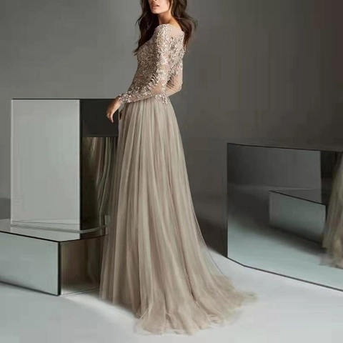 Elegant Long Sleeve Evening Gown Floral Lace Embroidery Multi Layered Mesh Tulle Floor Length Formal Dress For Women