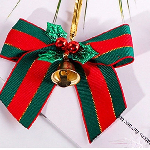 Decoratieve Kerststrikken Met Bel Hulstbladeren Bessen Polyester Lint Ornament Voor De Boom En Cadeauverpakkingen