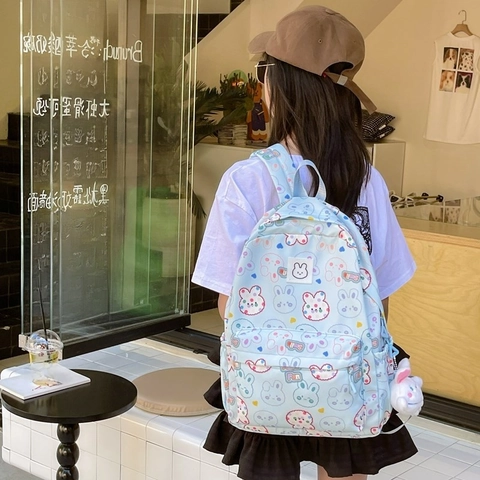Kids Backpack Nylon Cute Cartoon Rabbit Print Large Capacity School Bag For Students With Plush Pendant