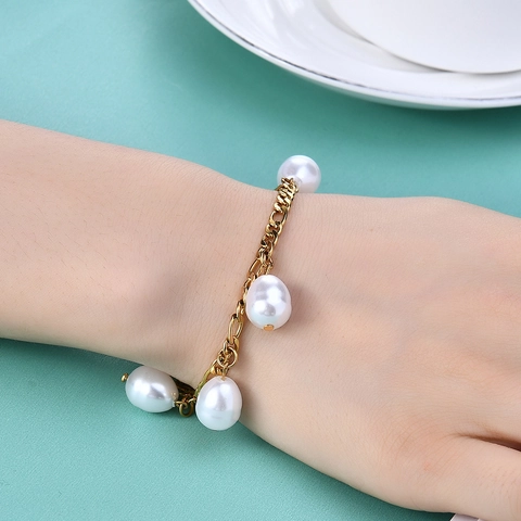 Braccialetto a Catena Figaro in Acciaio Inossidabile Vintage per Donna Placcato Oro Argento Perla Artificiale a Goccia d'Acqua Gioielli di Moda