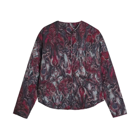 Dames Doorgestikte Jas Etnisch Abstracte Print Lange Mouwen Ronde Hals Drukknop Retro Franse Stijl Casual Top