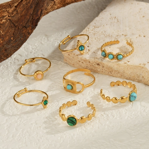 Vintage 14K Gold Plated Stainless Steel Rings Malachite Turquoise Bohemian Geometric Adjustable Open Rings For Women