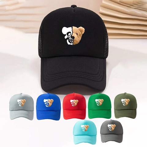 Trucker Hat Cotton Mesh Breathable Baseball Cap Half Teddy Bear Skull Print Streetwear Adjustable Snapback