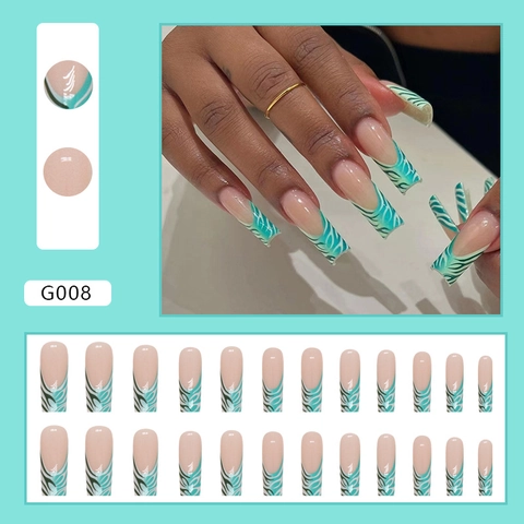 Unghie Finte Press On Lunghe Trapezio Bara Strisce Zebra Verde Bianco Ondulate Stile Francese Manicure Artificiale