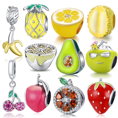 925 Sterling Silver Fruit Beads Colorful Enamel Zircon Pineapple Strawberry Lemon Charms For DIY Jewelry Bracelet Making Summer Style