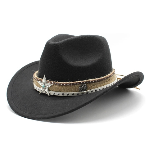 Western Cowboy Hat Vintage Woolen Felt Jazz Cap Star Metal Buckle Turquoise Bead Wide Brim Retro Style For Men Women